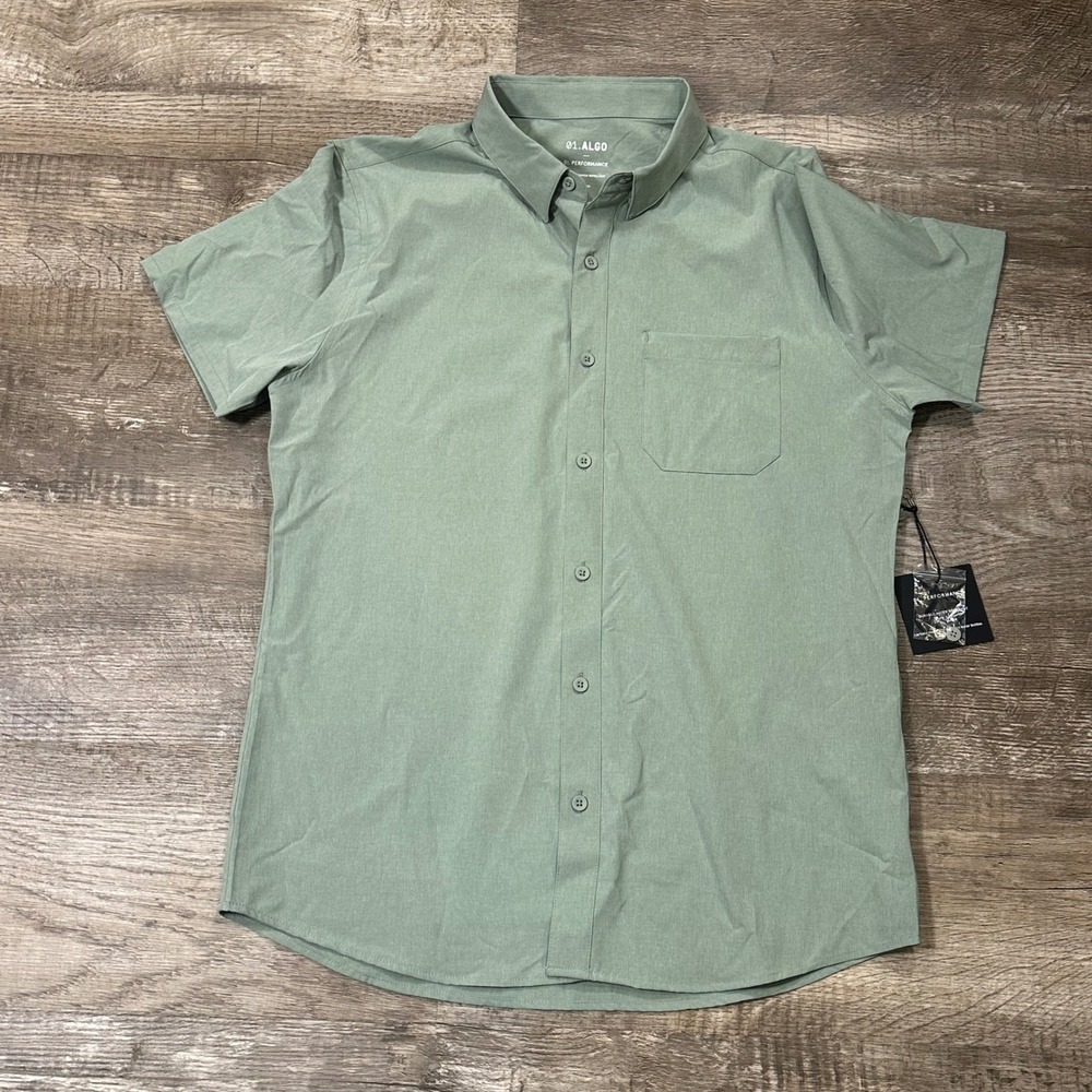 01.ALGO Mens Performance Short Sleeve Button Down Shirt Sage Green M UPF 50+ DWR